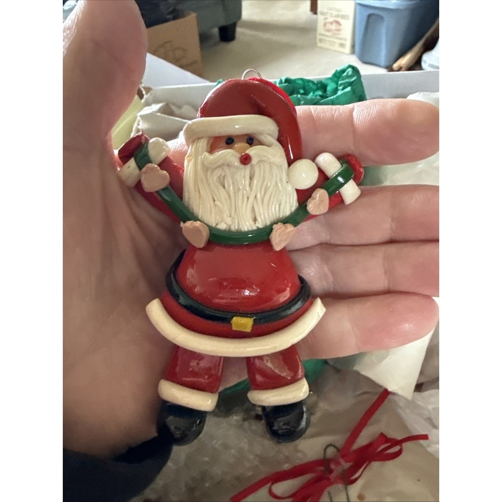 Vintage SANTA Christmas Ornament Clay Glazed Hearts 4 1/8" T